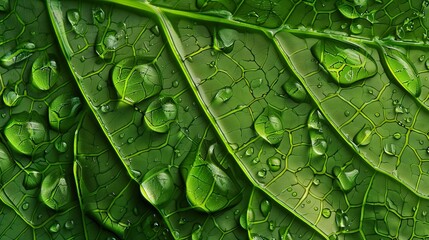 A close-up view of a rain-soaked leaf, with each droplet magnifying the intricate veins and textures of the leaf surface.