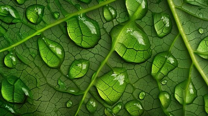 A close-up view of a rain-soaked leaf, with each droplet magnifying the intricate veins and textures of the leaf surface.