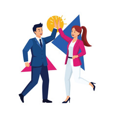 Celebrating success: A man and woman in business attire give each other a high-five, symbolizing teamwork and achievement.