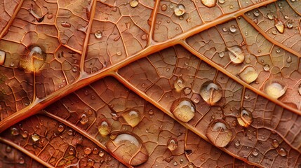 A close-up view of a rain-soaked leaf, with each droplet magnifying the intricate veins and textures of the leaf surface.