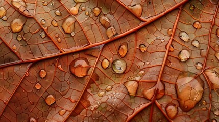 A close-up view of a rain-soaked leaf, with each droplet magnifying the intricate veins and textures of the leaf surface.