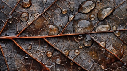 A close-up view of a rain-soaked leaf, with each droplet magnifying the intricate veins and textures of the leaf surface.