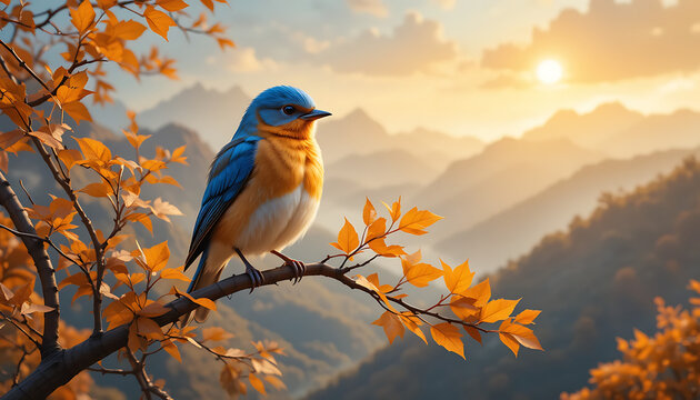 A vibrant bluebird perches on a branch amidst the golden hues of autumn, overlooking a tranquil mountain landscape at sunset - Powered by Adobe
