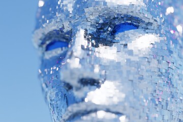 Dissolving Liquid Metal Head with Futuristic Digital Elements