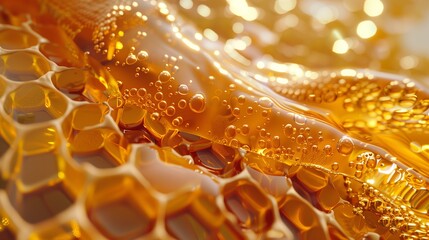 A hyperrealistic close-up of a honeycomb, with golden honey oozing out and intricate hexagonal patterns, captured in perfect clarity.