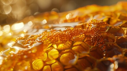 A hyperrealistic close-up of a honeycomb, with golden honey oozing out and intricate hexagonal patterns, captured in perfect clarity.