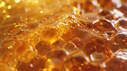 A hyperrealistic close-up of a honeycomb, with golden honey oozing out and intricate hexagonal patterns, captured in perfect clarity.