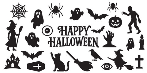 Halloween silhouette vector set featuring spooky trees, haunted houses, carved pumpkin faces, spider webs, bats, and pumpkin shapes. Halloween icon. Halloween icon set. Silhouette style. 