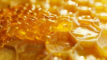 A hyperrealistic close-up of a honeycomb, with golden honey oozing out and intricate hexagonal patterns, captured in perfect clarity.