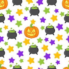 Seamless pattern with pumpkins and layers. Scary smiley background on Halloween theme. Funny cartoon wallpaper or printable template on October holidays theme.