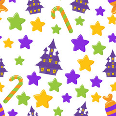 Seamless Halloween background with pumpkins, candies and a spooky castle. Cute flat vector illustration. Seamless background in cartoon style with magical elements and characters.