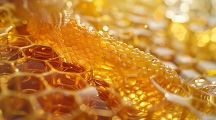 A hyperrealistic close-up of a honeycomb, with golden honey oozing out and intricate hexagonal patterns, captured in perfect clarity.