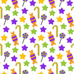 Seamless pattern with chaotic confetti. Vector abstract background. Cute simple shapes of candies, stars, hearts and polka dots in a cheerful palette are perfect for gift wrapping.
