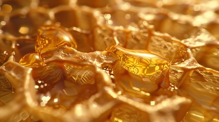 A hyperrealistic close-up of a honeycomb, with golden honey oozing out and intricate hexagonal patterns, captured in perfect clarity.