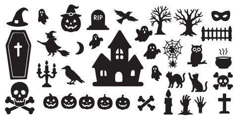 Halloween silhouette vector set featuring spooky trees, haunted houses, carved pumpkin faces, spider webs, bats, and pumpkin shapes. Halloween icon. Halloween icon set. Silhouette style. 