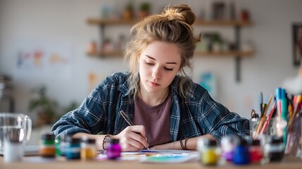 teen girl practicing modern calligraphy with colorful ink pens on a bright desk, focused expression, creative lettering hobby photography 