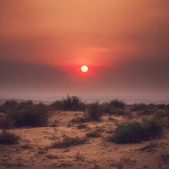 Summer sunset over a desert landscape with vibrant red sun and soft clouds Generative AI
