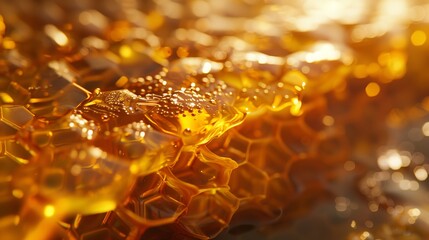 A hyperrealistic close-up of a honeycomb, with golden honey oozing out and intricate hexagonal patterns, captured in perfect clarity.