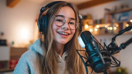 teen girl recording a podcast at home studio, wearing headphones, speaking into a professional microphone, cozy modern interior, teen media hobby photography