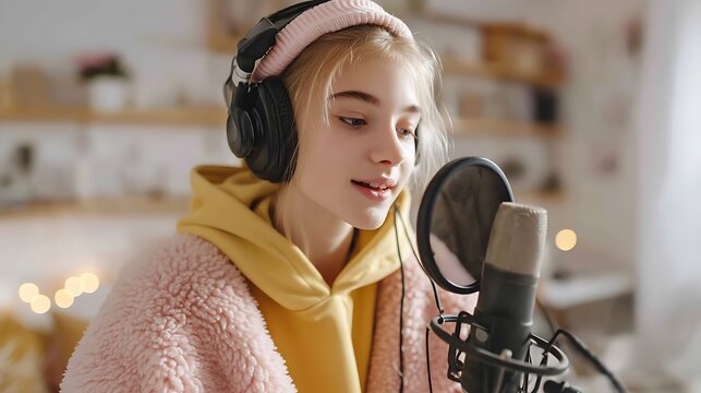 teen girl recording a podcast at home studio, wearing headphones, speaking into a professional microphone, cozy modern interior, teen media hobby photography - Powered by Adobe