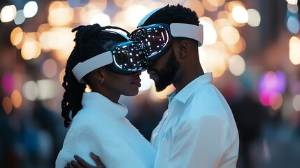 AfricanAmerican Couple Embracing Wearing VR Headsets at Night with Bokeh Light Background