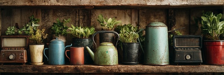 Fototapeta premium Rustic vintage shelf displaying an eclectic collection of ceramic jugs, vintage radios, and potted green plants against weathered wooden background