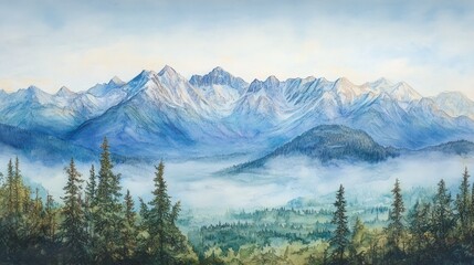 Obraz premium Misty mountain range panoramic watercolor landscape painting