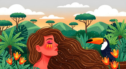 Illustration of a woman and a toucan in a lush tropical jungle