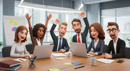 Joyful business team celebrates success together in a modern office.