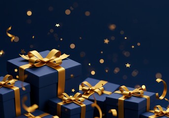 A pile of navy blue gift boxes adorned with gold ribbons, amidst falling gold confetti and stars.
