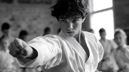teen boy practicing martial arts moves in a modern dojo, wearing traditional gi uniform, intense focus, healthy teen hobby photography 