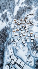 Aerial View of SnowCovered Chalets in Mountain Village Surrounded by Pine Trees