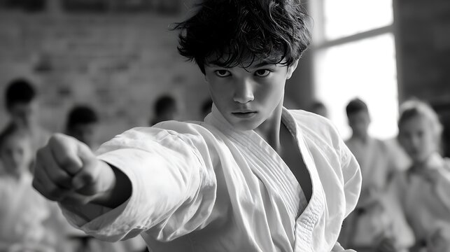 teen boy practicing martial arts moves in a modern dojo, wearing traditional gi uniform, intense focus, healthy teen hobby photography 