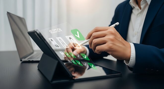 Businessman using stylus on tablet with glowing green digital charts