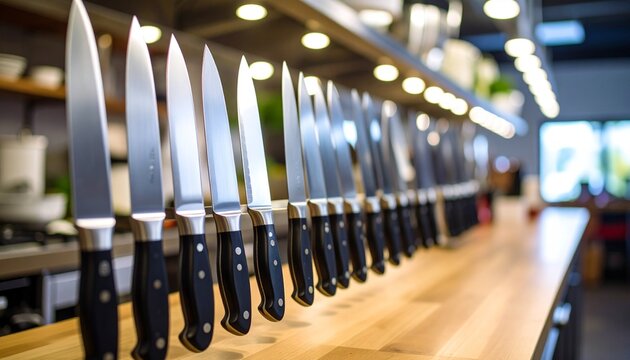 Professional Chefs Knives Collection in Modern Kitchen.