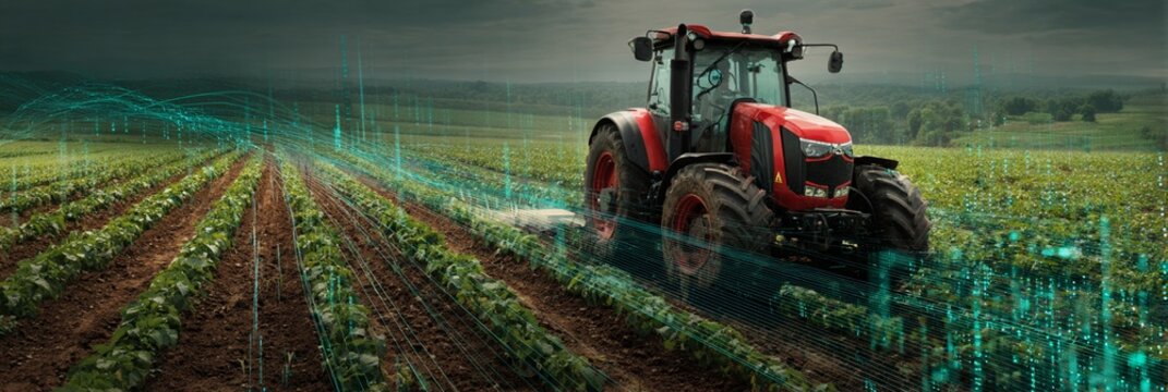 High-tech agricultural scene with a powerful red tractor driving through a crop field, surrounded by digital data visualization and futuristic technology overlay