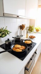 Delicious Pancakes Cooking on Modern Kitchen Stove.