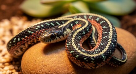 Obraz premium Striking Garter Snake Coiled on Rock, Detailed Scales and Vibrant Colors