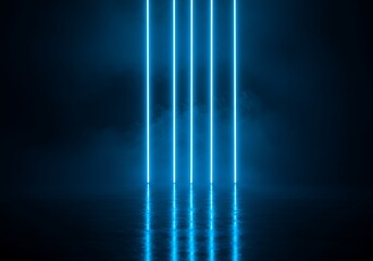 Five vertical blue neon light bars illuminate a dark reflective surface, creating a futuristic and abstract scene.