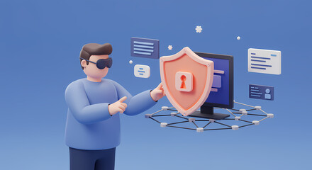 A cartoon figure protecting a computer with a shield, symbolizing data security.