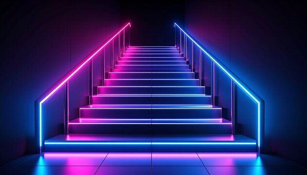 Neon Staircase Leading Upwards Abstract Background.