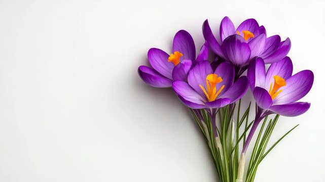 Vibrant purple crocuses bloom elegantly against a simple white background in early spring indoors