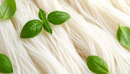 Fresh Rice Noodles with Basil Leaves Close Up Texture.