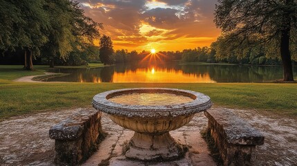 Serene sunset over tranquil lake with ancient fountain