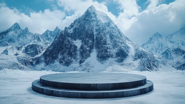 Snowy mountain backdrop, concrete podium