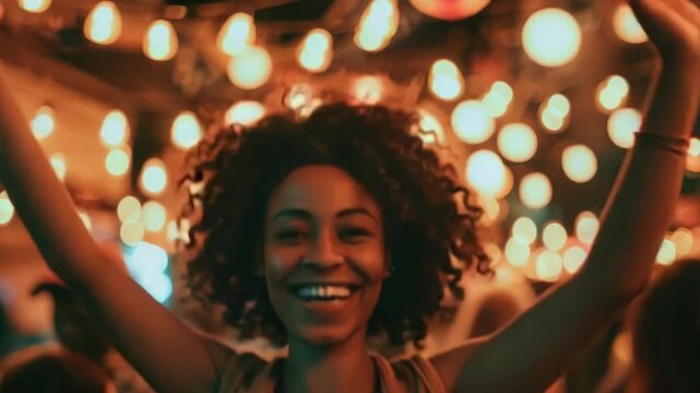 A woman standing with her arms raised in the air, conveying happiness and liberation