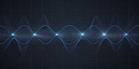 Fototapeta premium Abstract blue sound waves with glowing points and digital particles on a dark background.
