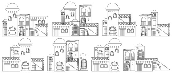 Naklejka premium Set of black and white outline vector icons of oriental desert buildings and houses. Detailed line art collection for coloring book, map design or architectural icons.