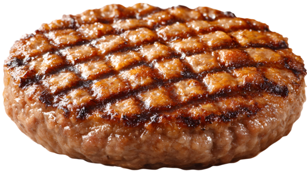 Hamburguesa a la parrilla completa aislada sobre fondo transparente.
