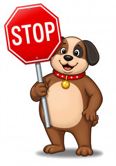 A cheerful cartoon dog holds a stop sign, promoting safety and obedience.